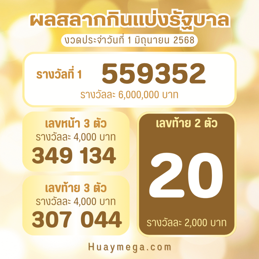 ตรวจหวยงวด 1 มิ.ย. 68 | ผลลอตเตอรี่วันนี้ อัปเดตเร็ว แม่นยำจากกองสลาก